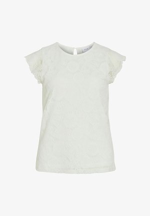 White lace top with short ruffled sleeves, round neckline, and a back keyhole closure. Features floral patterns and textured fabric.