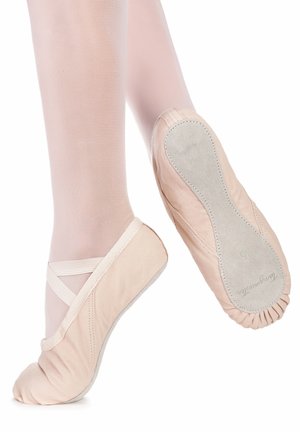 Helle rosa Ballettschuhe aus weichem Leder mit elastischen Riemen und einer Wildledersohle, runder Zehenform und genähten Details.