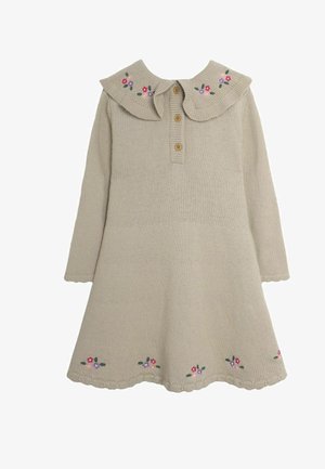 Vestito lavorato a maglia beige con colletto, tre bottoni e ricami floreali sul colletto e sull'orlo. Maniche lunghe con bordi scallop.