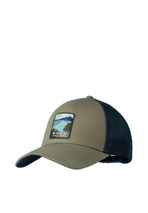 Grüne und marineblaue Mesh-Baseballkappe mit gewölbtem Schirm, mit einem rechteckigen Aufnäher mit Szene aus Bergen und Fluss, beschriftet mit "BUFF SEIT 1992."
