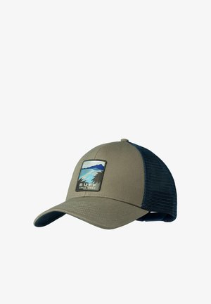 Grüne und marineblaue Mesh-Baseballkappe mit gewölbtem Schirm, mit einem rechteckigen Aufnäher mit Szene aus Bergen und Fluss, beschriftet mit "BUFF SEIT 1992."