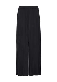 Zwarte geplooide culottes met een wijd beenontwerp, gemaakt van een textuurstof en voorzien van een elastische tailleband voor comfort en gebruiksgemak.