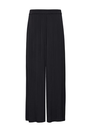 Culottes noires plissées avec un design à jambe large, en tissu texturé et dotées d'une taille élastique pour un confort optimal et une facilité de port.
