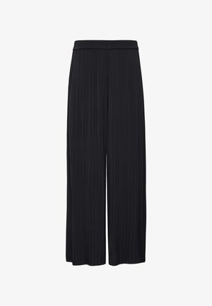 Czarne plisowane culottes o szerokim kroju, wykonane z teksturowanej tkaniny oraz z elastycznym pasem dla wygody i łatwego zakładania.