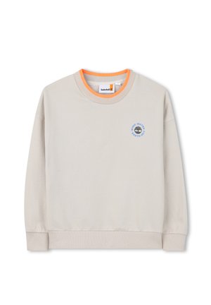 Sudadera beige de manga larga con cuello redondo y cuello interior naranja, logo de Timberland en el pecho y puños y dobladillo de canalé.