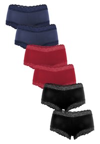 Jersey-Boyshorts aus Baumwollmischung in Marineblau, Rot und Schwarz, mit dekorativem Spitzenbesatz am Bund. Glatte Textur, klassischer Schnitt und ohne sichtbare Hardware.