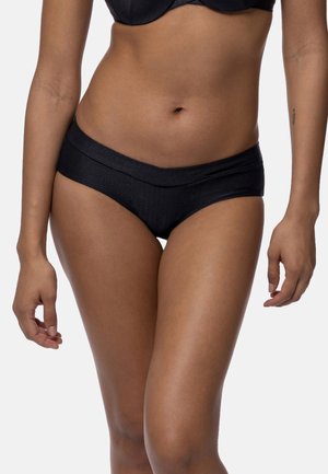 Black bikini bottom with a textured, zigzag pattern. Features a wide waistband and a moderate cut, offering a sleek and simple design.