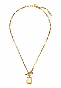 Goldfarbene Halskette mit einem rechteckigen Anhänger mit polierter Oberfläche, der mit einem Toggle-Verschluss an einer Gliederkette befestigt ist.