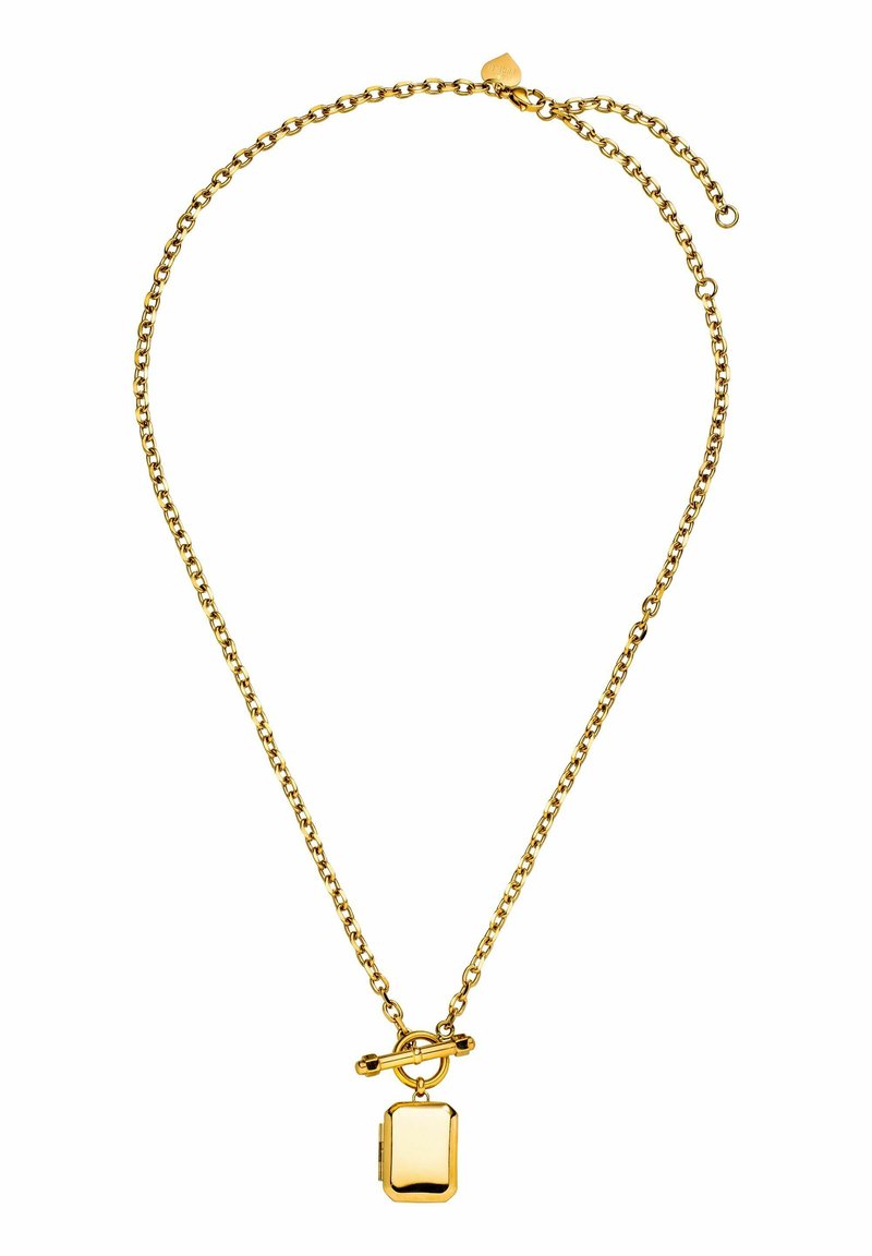 Goldfarbene Halskette mit einem rechteckigen Anhänger mit polierter Oberfläche, der mit einem Toggle-Verschluss an einer Gliederkette befestigt ist.