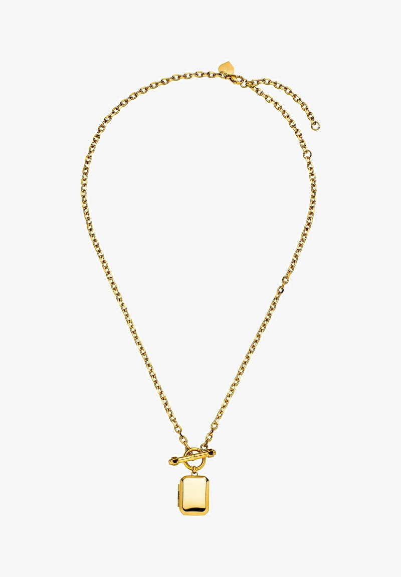 Goldfarbene Halskette mit einem rechteckigen Anhänger mit polierter Oberfläche, der mit einem Toggle-Verschluss an einer Gliederkette befestigt ist.