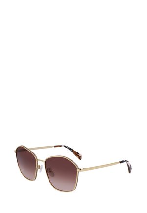 Sunglasses with gold metal frame, octagonal shape, gradient brown lenses, and patterned tortoiseshell arms with black accents.