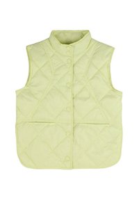 Chaleco acolchado verde claro con un alto cuello, que cuenta con un cierre de botones a presión y dos bolsillos frontales con solapa. Textura suave y ligera.