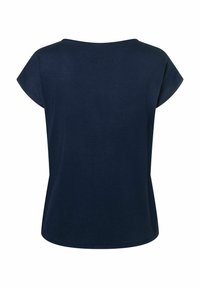 Marineblaue Kurzarm-T-Shirt mit rundem Ausschnitt, weichem Griff und lockerer Passform. Glatte Stoffoberfläche ohne sichtbare Muster oder Verzierungen.
