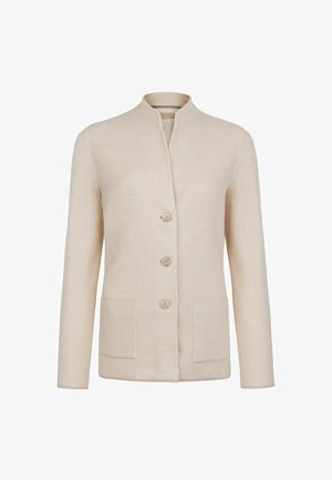 Krämfärgad, texturerad jacka med mandarinkrage, fyra knappar och två framfickor; slät tyg med ett subtilt mönster.