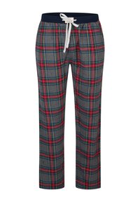 Geruite lounge broek in grijs, met rode, groene en gele lijnen. Elastische tailleband met marineblauwe bies en wit trekkoord. Rechte pijp gesneden.