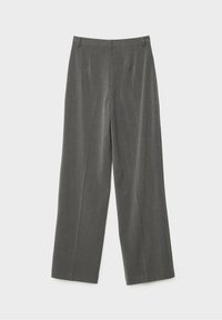 Grå bred benbukser lavet af glat stof, med lige snit, subtile plisseringer og klassiske bæltestropper.