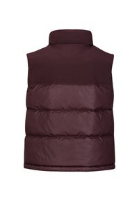 Bordeauxfarbene Steppweste mit hohem Kragen, gestepptem Design und horizontalen Nähten. Glatte Textur und leicht glänzende Oberfläche. Keine sichtbaren Beschläge.