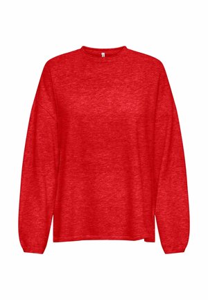 Sweat-shirt rouge à manches longues en tissu texturé, avec un col rond et des épaules tombantes, offrant une coupe décontractée sans motifs visibles.