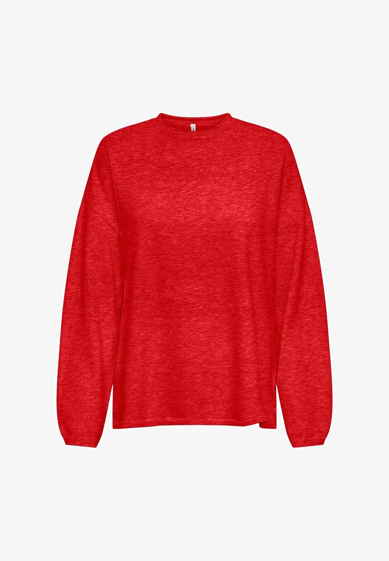 Sweat-shirt rouge à manches longues en tissu texturé, avec un col rond et des épaules tombantes, offrant une coupe décontractée sans motifs visibles.