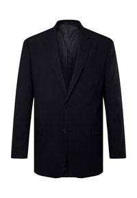 Schwarzer Blazer aus glattem Stoff, mit Reverskragen, einfacher Knopfschluss, einer Brusttasche und zwei Fronttaschen.