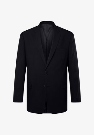 Czarny żakiet wykonany z gładkiego materiału, z klapami typu notch, zapięciem na jeden guzik, kieszenią na piersi i dwiema kieszeniami z przodu.