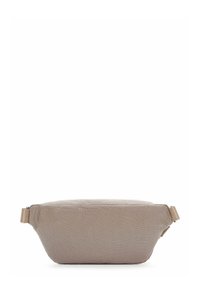 Borsa in tessuto beige con un design a rete testurizzata. Forma rettangolare con chiusura a zip e una tracolla laterale. Leggera e funzionale.