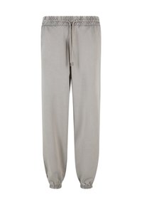 Lysegrå joggers lavet af blødt stof, med en elastisk talje med snor og elastiske manchetter ved anklerne.