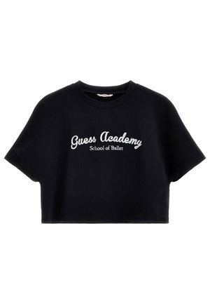 Sort cropped t-shirt lavet af blødt stof, med hvid brodering af "Guess Academy" og "School of Ballet" på forsiden.
