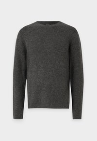 Dark gray knitted sweater with a round neckline and long sleeves, featuring a ribbed texture and a relaxed fit.