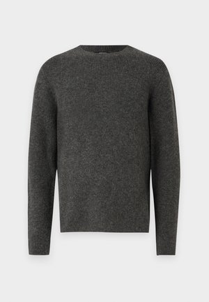 Pull en tricot gris foncé avec un col rond et des manches longues, présentant une texture côtelée et une coupe décontractée.