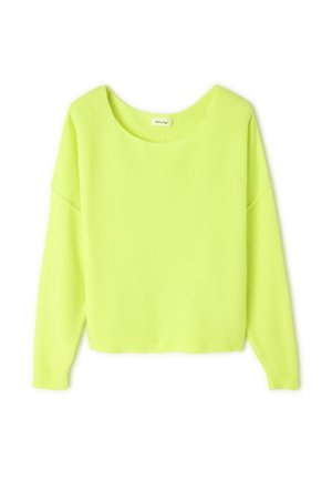 Neon žalias megztinis su plačiu iškirpimu ir nuleistomis petnešomis. Pagamintas iš minkštos medžiagos, su juostelėmis ant rankovių ir apvado.