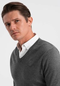 Pull en V gris en tricot, superposé à une chemise blanche à col. Présente une discrète broderie de logo sur la poitrine. Texture lisse.