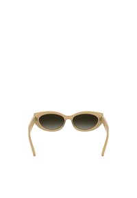Ochelari de soare de culoare crem, cu lentile ovale, având un gradient de la întunecat la deschis. Rame din plastic cu un design elegant și detalii subtile pe băiere.