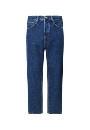 Jean en denim bleu foncé avec une coupe droit, design à cinq poches, couture minimale, et une fermeture classique par bouton et zip.