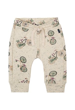 Beige sweatpants with bicycle print, featuring an elastic waistband, drawstring, and ribbed cuffs. Made from soft, textured fabric.