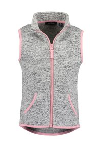 Szary bezrękawnik z wysokim kołnierzem, z przodu na zamek błyskawiczny, różowymi wykończeniami i dwoma bocznymi kieszeniami. Wykonany z teksturowanej tkaniny w melanżowy wzór.