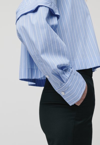 Camicia blu a righe, a maniche lunghe, con strisce bianche e polsini abbottonati, abbinata a pantaloni neri aderenti.