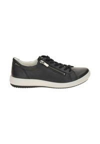 Black low-top sneaker with white sole, black laces, side zipper, and Gore-Tex label for waterproof and breathable wear.