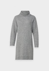 Šedé pletené šaty s vysokým límcem, zdobené texturovaným vzorem, s dlouhými rukávy a žebrovanými manžetami a lemem.