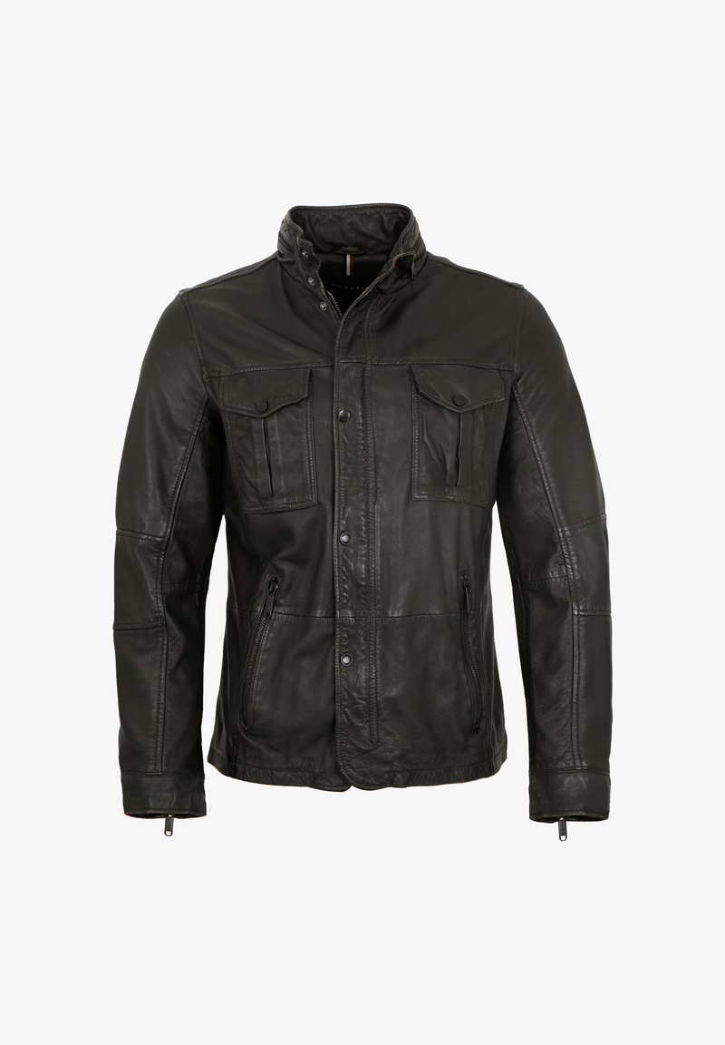 Black leather jacket with snap-button front, zippered lower pockets, two chest flap pockets, and a high collar with snap closures.