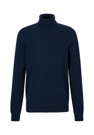 Marineblauer Rollkragenpullover aus Strickstoff, mit langen Ärmeln und figurbetontem Schnitt. Einfaches, glattes Gewebe ohne Muster oder Akzente.