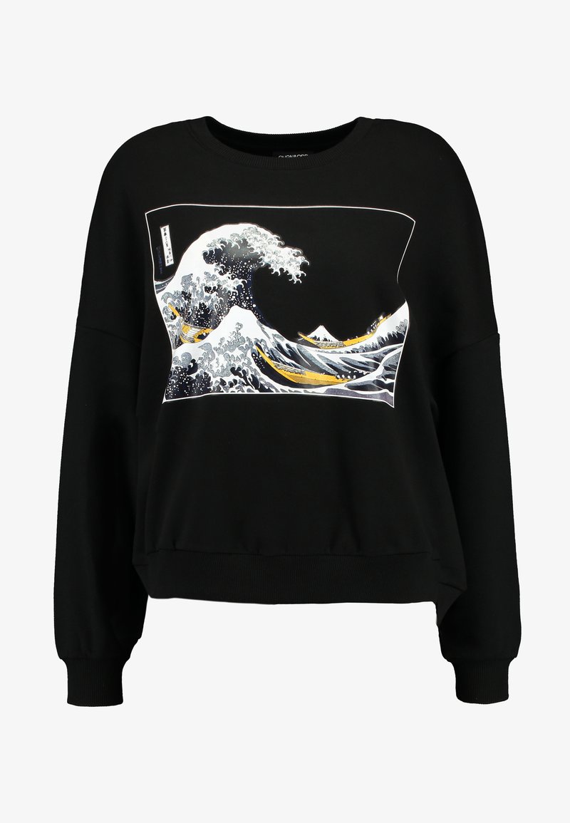 picture Black Crew Neck Sweatshirt Png wave printed oversized sweatshirt sweatshirt black