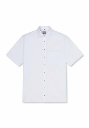 Camicia bianca a maniche corte con bottoni, tasca frontale e colletto classico, mostrata su uno sfondo bianco uniforme.