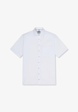 Camicia bianca a maniche corte con bottoni, tasca frontale e colletto classico, mostrata su uno sfondo bianco uniforme.