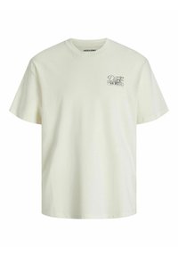 T-shirt a maniche corte, collo rotondo in cotone color crema chiaro. Presenta un piccolo logo grigio stampato sul davanti. Tessuto liscio, vestibilità comoda.