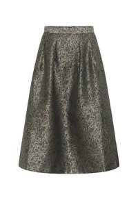 Aukšto juosmens flared sijonas iš metalizuotos tamsiai žalios medžiagos su subtiliais tekstūriniais raštais ir klostėmis juosmens srityje, kad suteiktų papildomo tūrio.