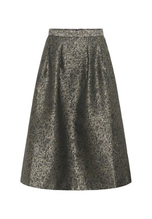 Aukšto juosmens flared sijonas iš metalizuotos tamsiai žalios medžiagos su subtiliais tekstūriniais raštais ir klostėmis juosmens srityje, kad suteiktų papildomo tūrio.