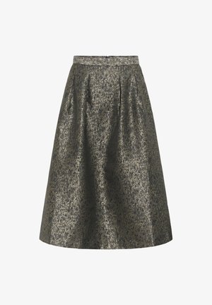 O fustă evazată cu talie înaltă, dintr-un țesătură metalică de culoare verde închis, cu modele texturate subtile și pliseuri la talie pentru un plus de volum.