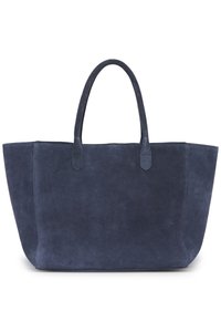 Merimiesnahkan kokoinen olkalaukku, jossa on kaksi pitkää kahvaa, leveä yläaukko ja jämäkkä muoto. Sileä pinta, jossa on vähäiset yksityiskohdat eikä näkyvää metalliosaa.