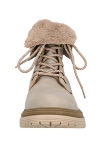 Beige Knöchelboots mit Kunstfell-Kragen und strukturierten Schnürsenkeln. Gummisohle mit Rillenmuster, ausgestattet mit goldenen Akzenten an den Schnürsenkelösen.